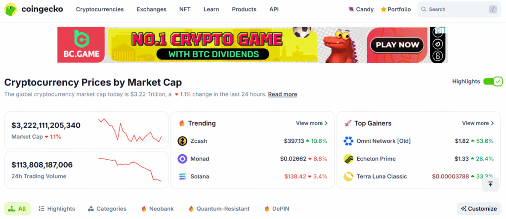 CoinGecko is one of the best crypto tools of 2025