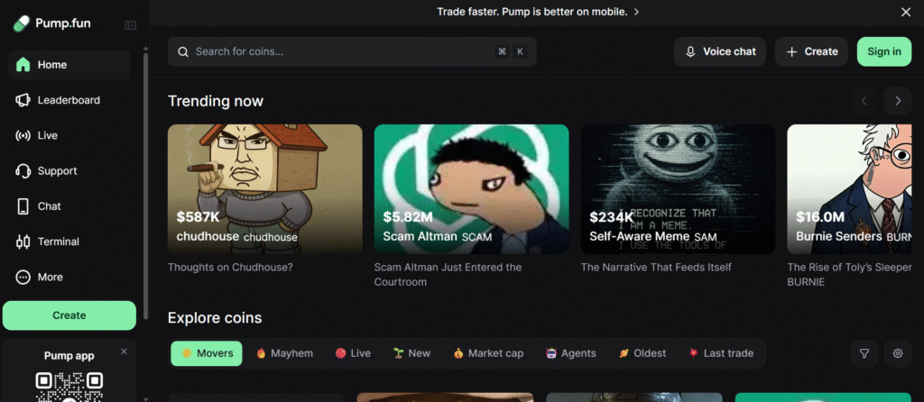 Pump.fun homepage